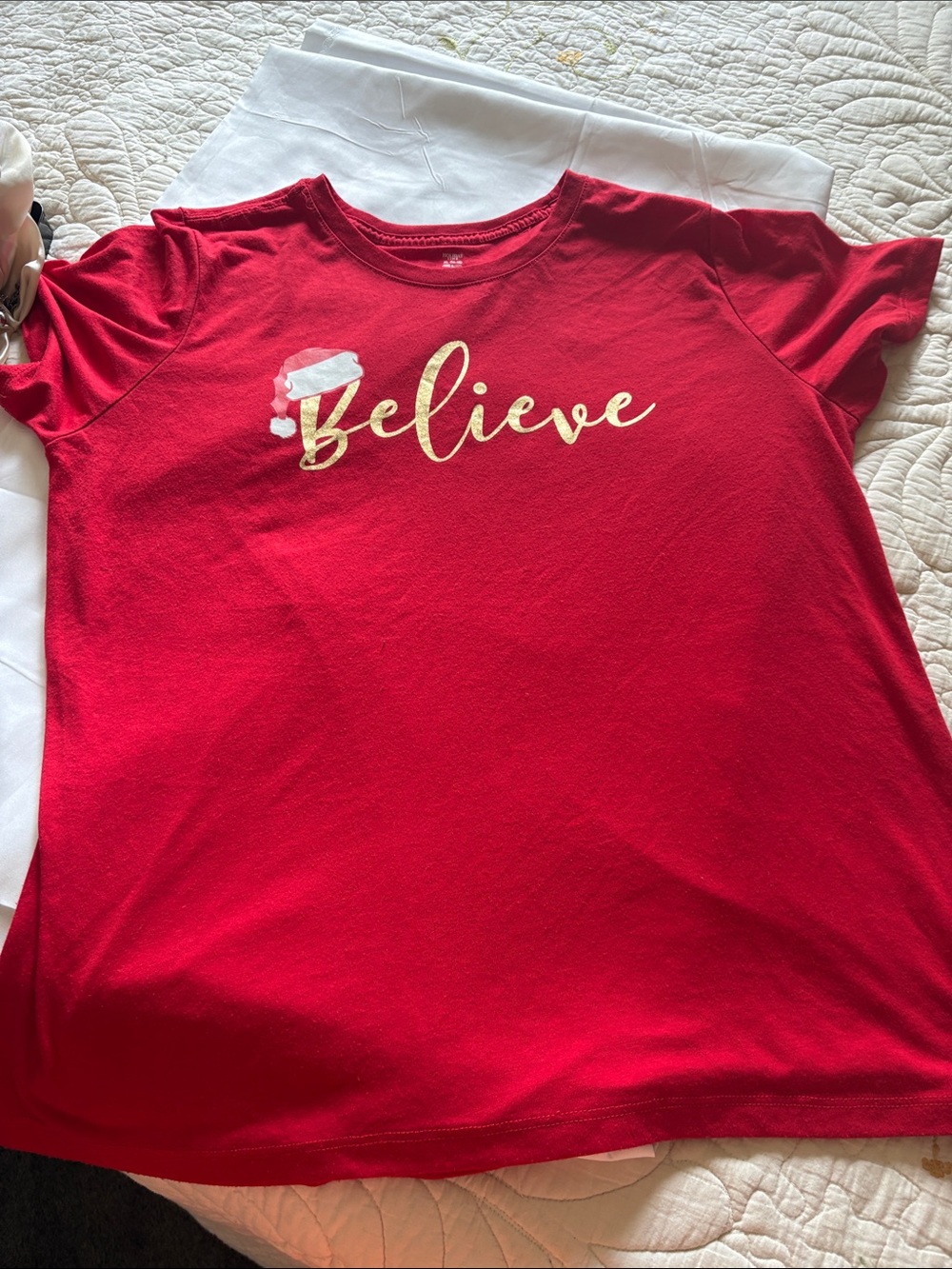 Holiday Time Red Crewneck Tee with Gold 'Believe' Script